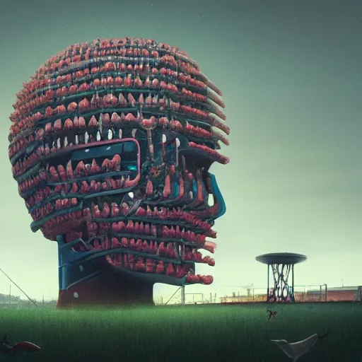 Image similar to a farm of human heads in a stadium, Simon Stalenhag, beeple, Wadim Kashin, 4K, cinematic