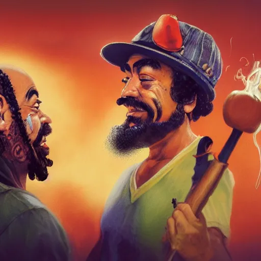 Image similar to portrait of cheech and chong, concept art, artstation, highly detailed, up in smoke, cinematic smoke background,