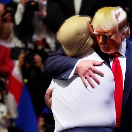 Prompt: donald trump tenderly hugging putin