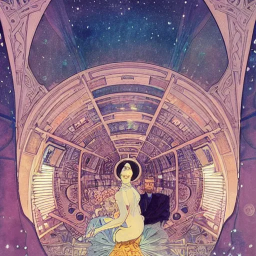 Prompt: a beautiful intricate watercolor illustration of an interior of space ship, 4 k, ultra - wide angle, by william turner, by victo ngai, by alphonse mucha, by miho hirano, by moebius, hd, trending on artstation, hyper detailed, muted colors