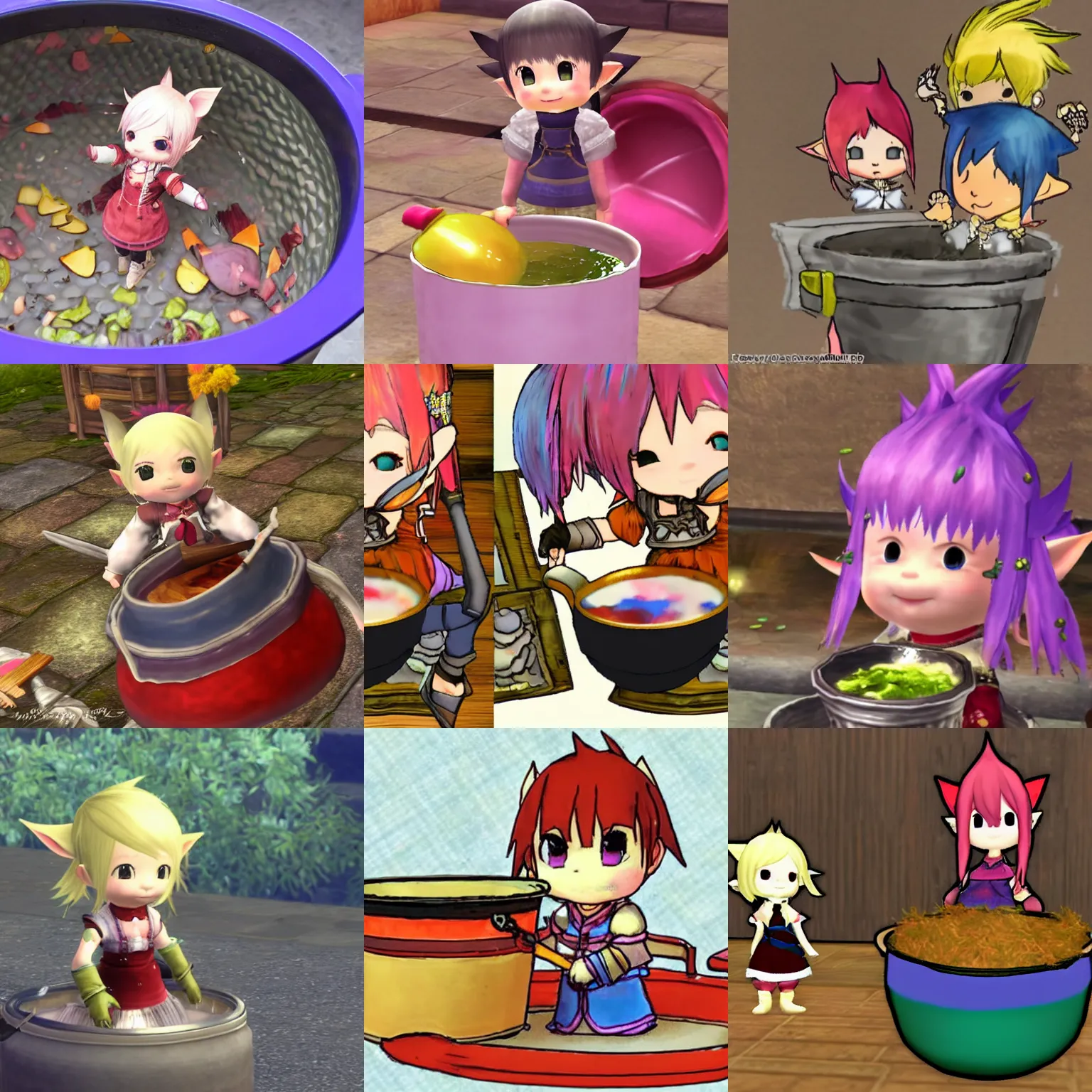 Prompt: final fantasy xiv lalafell stewing in a pot, colorful, cheery