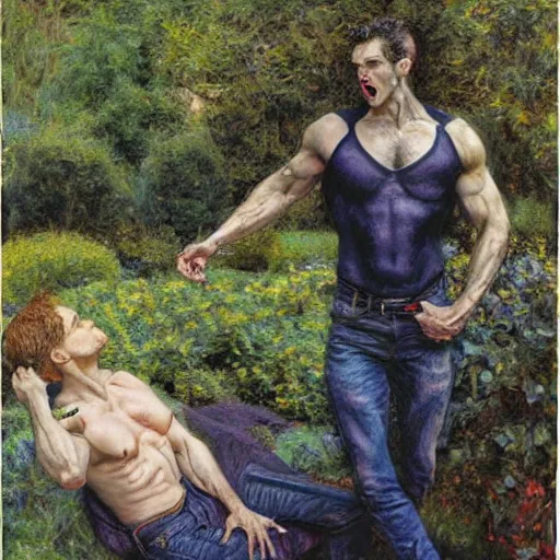 Image similar to pale screaming muscular ( vampire ), with jeans in a garden, by donato giancola.