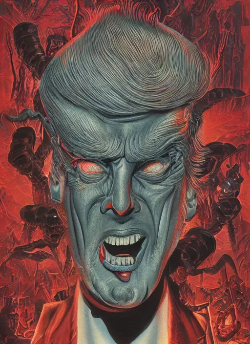 Prompt: donald trump's grotesque true form revealed, horror, high details, intricate details, by vincent di fate, artgerm julie bell beeple, 1980s, inking, vintage 80s print, screen print