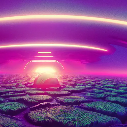 Image similar to panorama,utopia,science fiction,bio-inspired,organic,sunny,michael whelan,retro wave, pink hues,octane render