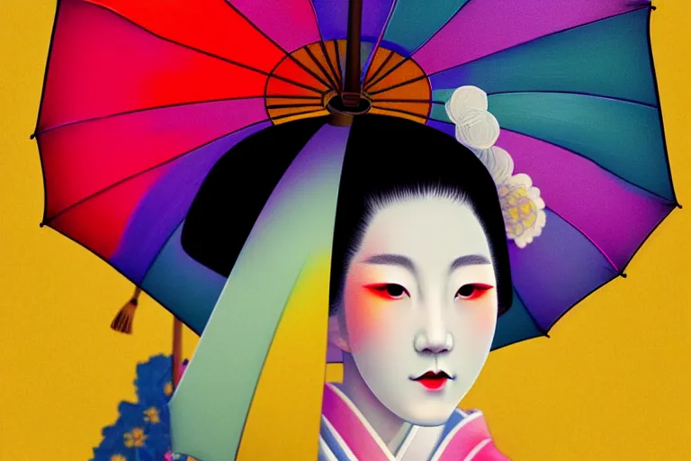 Image similar to surreal fullbody Portrait of japanese geisha with yellow umbrella in dmt chromatic misty enviroment, elegant, highly detailed, smooth, sharp focus, illustration, beautiful, geometric, dmt trending on artstation, cinematic, artwork by WLOP