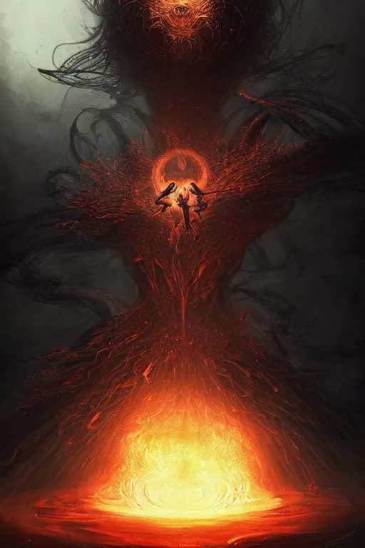 Prompt: Black Orb of Fire, digital art, fantasy, magic, trending on artstation, illustration by Seb McKinnon and Peter Mohrbacher, ultra detailed, atmospheric, powerful presence, bossfight, darksouls, grand finale, explosive entrance, final battle, cutscene, cinematic lighting, beautiful goddess, unleashing the power of the flame, burning pulse, close-up