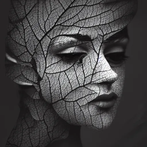 Prompt: profile of a woman made of leaves, double exposure, artistic, hd, b&w