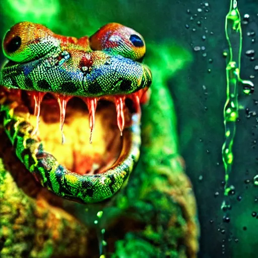 Image similar to slimy monster with long slimy textured tongue, dripping saliva, macro photo, fangs, red glowing veins, skin with snake scales, cinematic, tiny glowbugs flying everywhere, standing a swamp, flying wasps, insanely detailed, dramatic lighting
