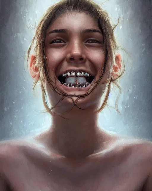 Image similar to symmetry!! portrait of smiling 1 5 - year - old girl with voluminous bushy brown hair, large front teeth, and bright piercing brown eyes, hyper realistic face, beautiful eyes, fantasy art, in the style of greg rutkowski, intricate, hyper detailed, smooth