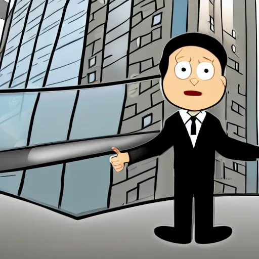 Prompt: a man wearing a black suit and a pair of shoes standing on top of a skyscraper in cartoon style