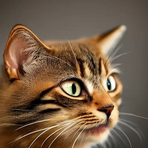 Prompt: A beautiful picture of a cute cat in front of a dark background. The cat has a small peacock tail and some small feathers on the back. Award winning, highly detailed, stunning, 8k