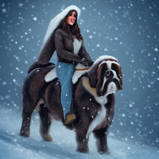 Image similar to girl riding giant saint bernard in the snow, trending on artstation