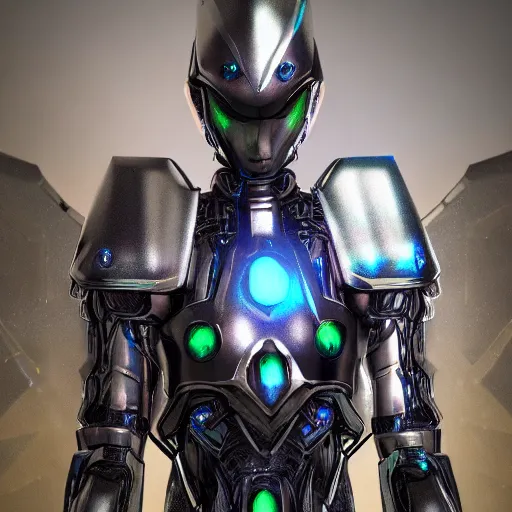 Image similar to cybernetic humanoid armored mystic rune covered armor iridescent nanotechnology sleek kryptonite protomolecule highly evolved with utility fog tendrils in high contrast cinematic light, mystical shadows, sharp focus, octane render