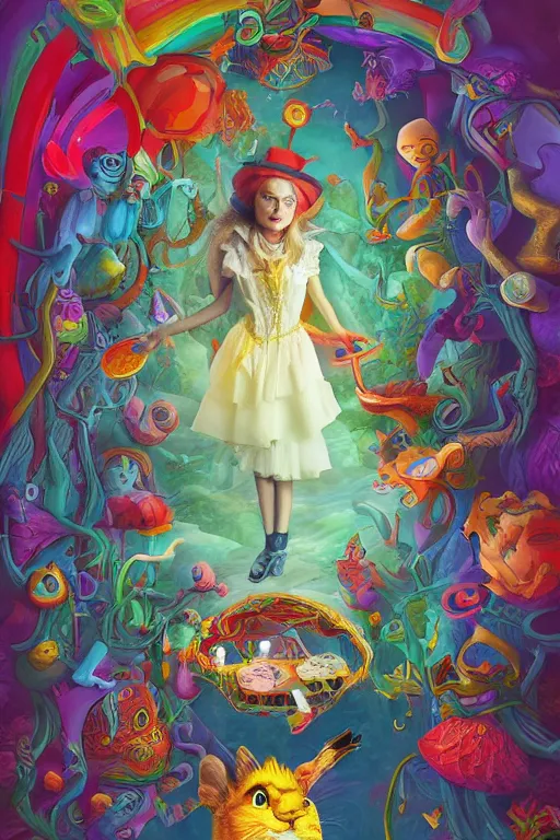 Prompt: Surrealist psychedelic award winning and iconic alice in wonderland book cover trending on artstation, artstationHD, artstationHQ, 4k, 8k