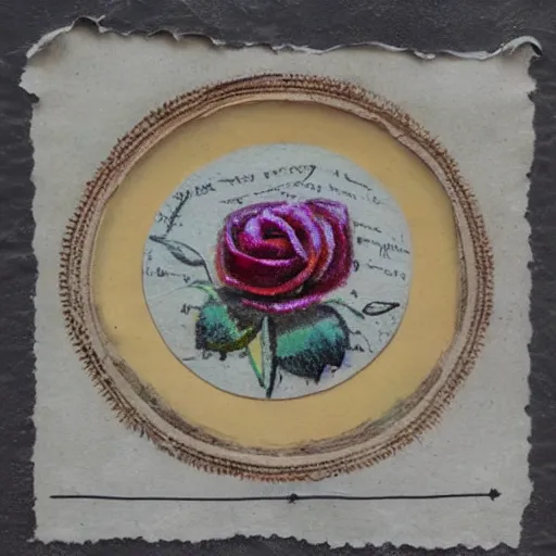 Image similar to photo of an intricately detailed representation of a accurate rose. Colored synthetic polymer blended with colored torn fabrics miniature on found newspaper.