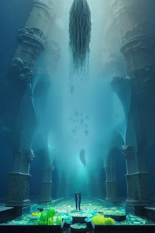 Prompt: hyperrealistic precisionist cinematic underwater dystopian neo - gothic cathedral ruins with giant luminescent colorful aquatic plants and jellyfish, digital art masterpiece, aykut aydogdu eric zener, dramatic volumetric light, long shot, low angle uhd 8 k, sharp focus