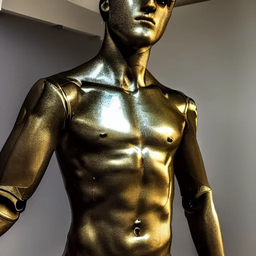 Prompt: a realistic detailed photo of a guy who is an attractive humanoid who is half robot and half humanoid, who is a male android, boxer and youtuber jake paul, shiny skin, posing like a statue, blank stare, at the museum, on display