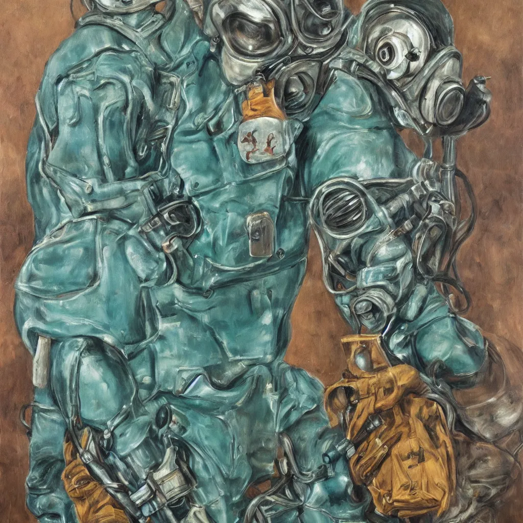 Image similar to high quality high detail painting by lucian freud, jenny savile, scifi soldier with gas mask, turquoise, hd