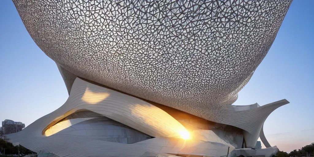 Prompt: extremely detailed ornate stunning sophisticated beautiful elegant futuristic museum exterior by Zaha Hadid, stunning volumetric light, sunset, concrete ant translucent material, stunning skies, 8k dragonfly structural pattern