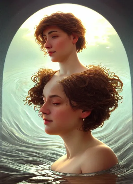 Prompt: full body portrait of a woman with short wavy hair, round face, cottagecore!!, lake water, submerged!!!, intricate, enlightened, highly detailed, digital painting, artstation, concept art, smooth, sharp focus, illustration, art by artgerm and greg rutkowski and alphonse mucha