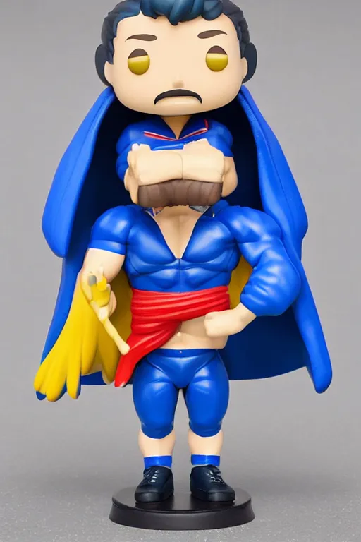 Prompt: a funko figurine of a crossfiter with blond hairs and mustache, blue white red cape in its original packaging with BRIANT written on the box, space around the character, hyper realistic, mate painting mix rendering