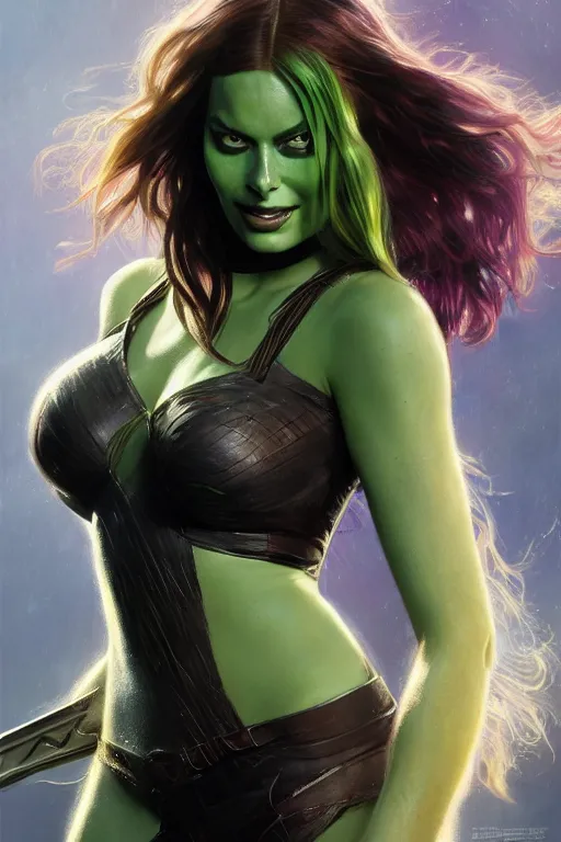 Image similar to margot robbie as gamora, detailed, 8 k, trending on artstation, smooth, sharp focus artwork by mark arian, artgerm, mark keathley, greg rutkowski and alphonse mucha