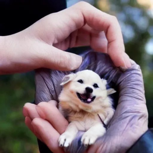 Prompt: a cyborg petting a tiny puppy, cute, hyperrealistic