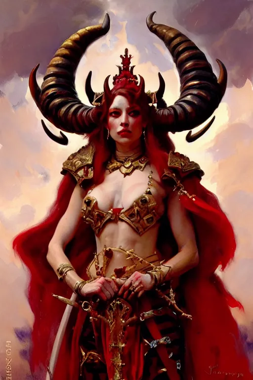 Prompt: painted close - up portrait of a very attractive red - skinned intimidating demon queen with ram horns! oil painting, wearing a noblewoman's outfit, fantasy art by john singer sargent and gaston bussiere and james jean and greg rutkowski, demon noble character design, hd