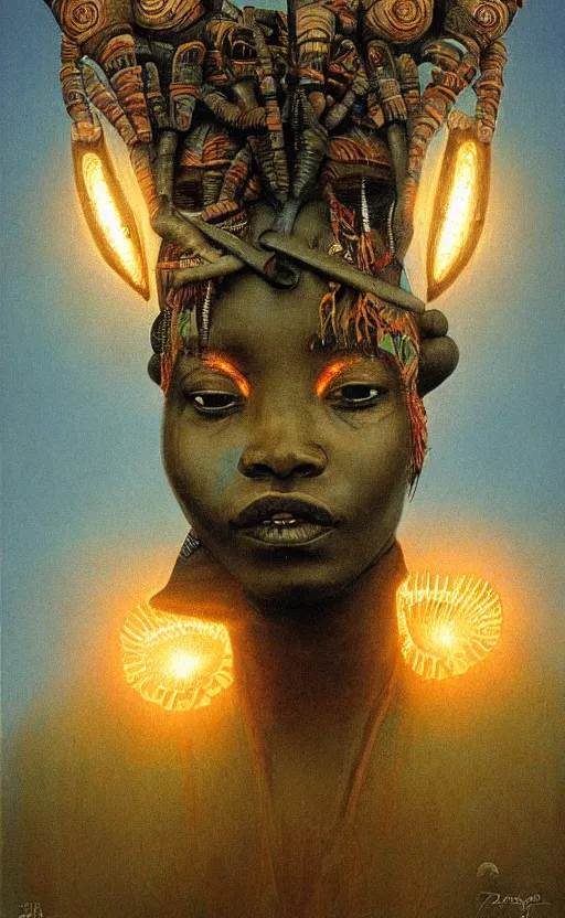 Prompt: portrait of african tribal chief wearing mecha head gear, symmetrical, butterfly lighting, art by zdzislaw beksinski,