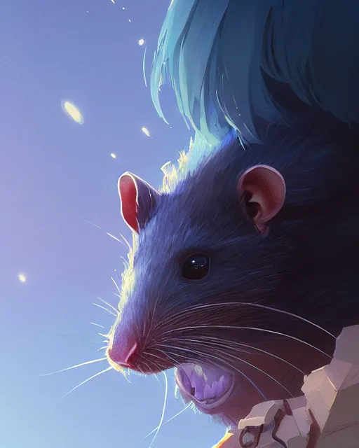 Image similar to highly detailed vfx portrait of a rat, unreal engine, greg rutkowski, loish, rhads, beeple, makoto shinkai and lois van baarle, ilya kuvshinov, rossdraws, tom bagshaw, alphonse mucha, global illumination, detailed and intricate environment