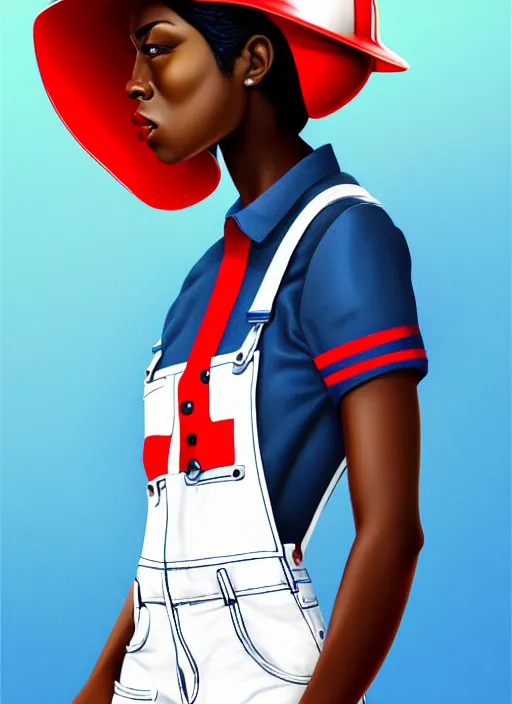 Prompt: full body portrait of young black woman as a firewoman, white t - shirt and blue denim overalls, red firemans helmet, intricate, beautiful and elegant, highly detailed, digital painting, artstation, concept art, smooth, sharp focus, illustration, art by wlop, mars ravelo and greg rutkowski