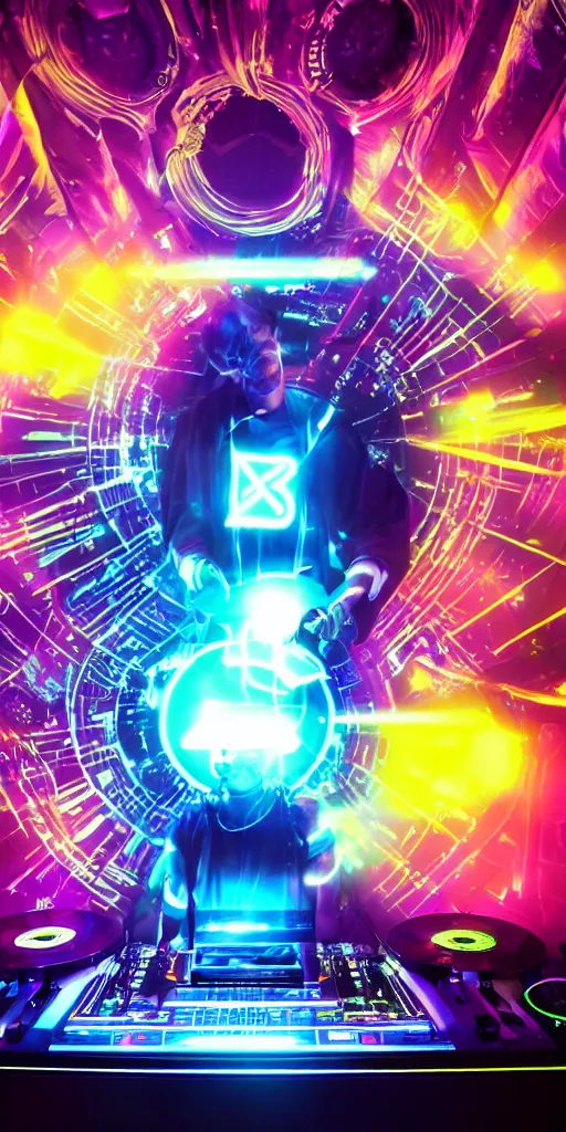 Image similar to futuristic DJ on stage in a cyberpunk, psychedelic effects and symmetric lights and smoke, opening a portal to another dimension, hyperrealistic, 8k