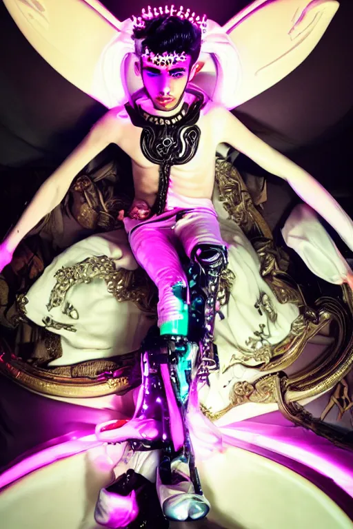 Image similar to full-body rococo and cyberpunk style neon statue of a young attractive Zayn Malik macho dotado e rico android sim roupa reclining con las piernas abertas e la piroca dura, glowing white lasers, glowing eyes, golden prince crown, black steampunk gears, pink diamonds, swirling mint-colored silk fabric. futuristic elements. black dripping tar. full-length view. space robots. human skulls. intricate artwork by caravaggio. Trending on artstation, octane render, cinematic lighting from the right, hyper realism, octane render, 8k, depth of field, 3D