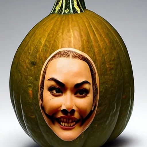 Image similar to a [ gourd ] carved shaped to look like ( amber heard face ) hybrid intercross