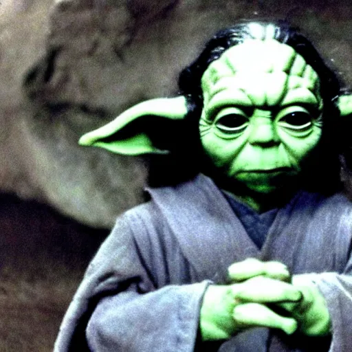 Prompt: still of yoda when he was very young!!. long black hair. smooth skin. face looks like young albert einstein and stuart freeborn. less wrinkles. samourai. technicolor