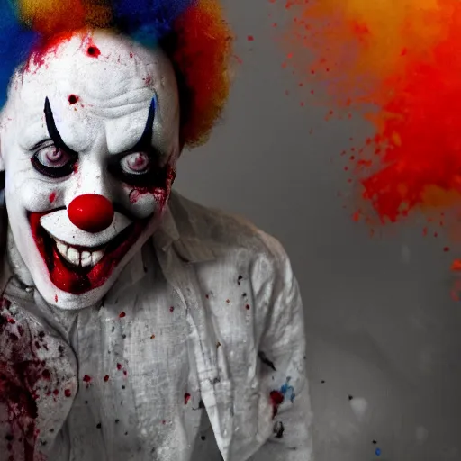 Prompt: full body heat to toe shot of an expressionless clown with blood splattered on him, muted tones, slightly out of focus, found footage, dutch angle