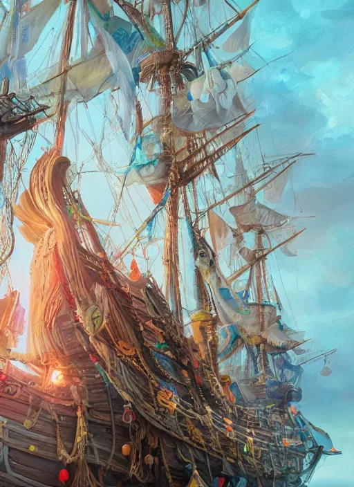 Prompt: detailed concept art illustration colorful pastel painting of a pirate ship in full intricate sails, ultra detailed, digital art, octane render, 4K, dystopian, micro details