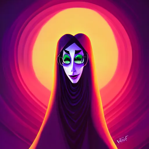 Prompt: curled perspective digital art of a dark hair woman wearing arafat arab scarf by anton fadeev from nightmare before christmas