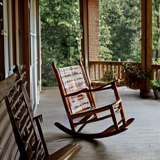 Image similar to a bible book set on top a rocking chair on a rural southern porch