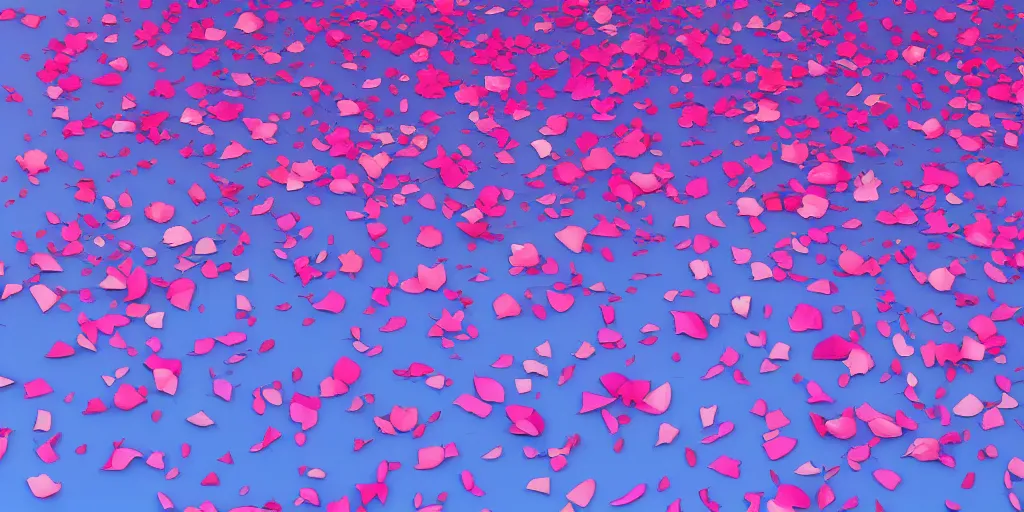 Image similar to background art of spaciously scattered flower petals flowing and floating through the blowing swirling directional wind from left to right on a simple cloudy blue sky background, large individual rose petals, angular background elements, polygonal fragments, anime, artgerm, manga, trending on artstation, art nouveau, mature color scheme