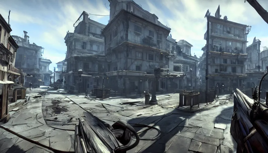 Prompt: first person view of a town square in the game dishonored, fantasy