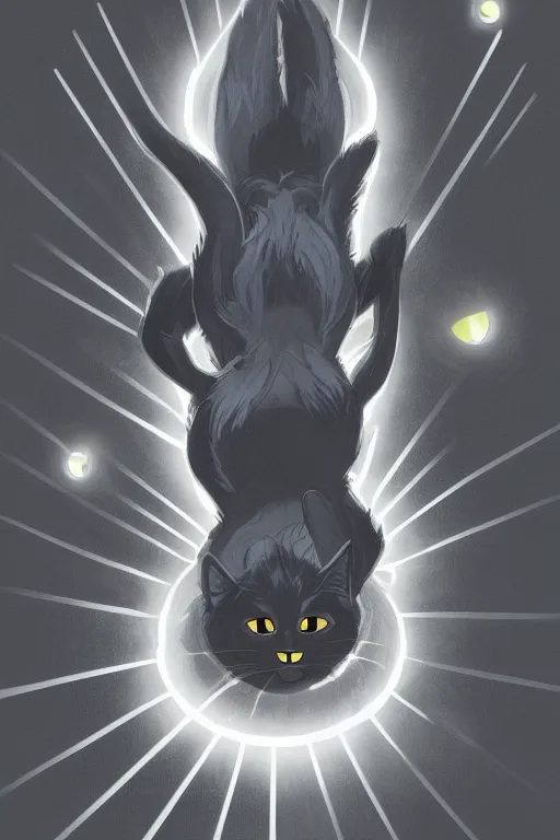 Prompt: black cat with glowing eyes sitting at the bottom of a flight of dimly lit stairs, viewed from above, digital illustration, artstation, artstation hq, hd