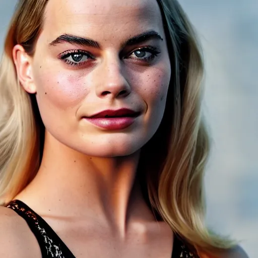 Image similar to a woman who is a genetic combination of margot robbie and emma watson face and upper - body focus