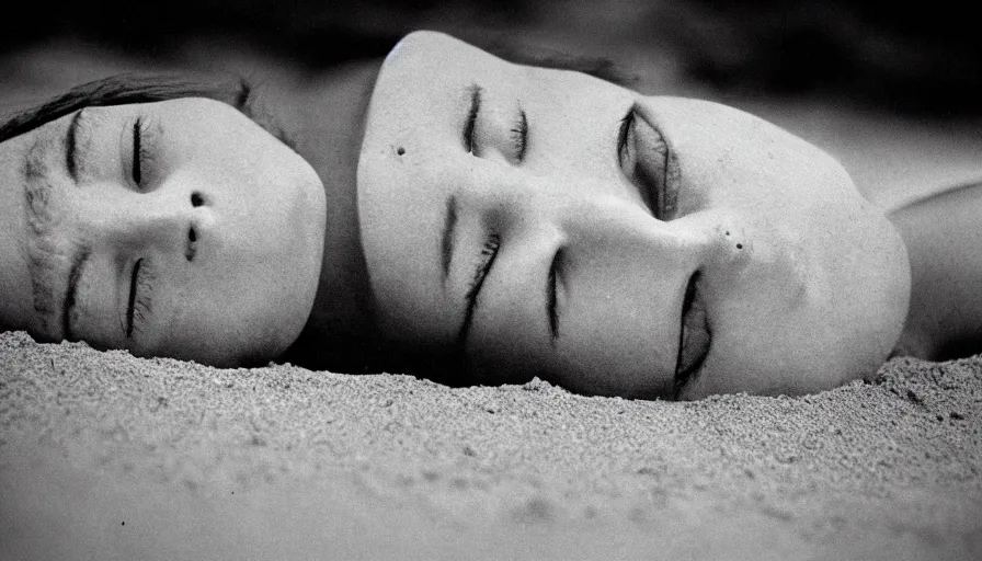 Prompt: 1 9 6 0 s movie still close up of regulus'face with the eyes sew wide open, his body buried in the sand, cinestill 8 0 0 t 3 5 mm b & w, high quality, heavy grain, high detail, texture, dramatic light, anamorphic, hyperrealistic, detailed hair