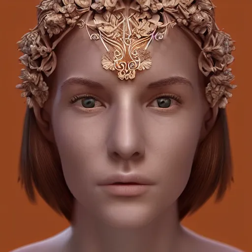 Image similar to beatifull frontal face portrait of a woman, 150 mm, anatomical, flesh, flowers, mandelbrot fractal, facial muscles, veins, arteries, symmetric, intricate, golden ratio, full frame, microscopic, elegant, highly detailed, ornate, ornament, sculpture, elegant , luxury, beautifully lit, ray trace, octane render in the style of peter Gric , alex grey and Romero Ressendi