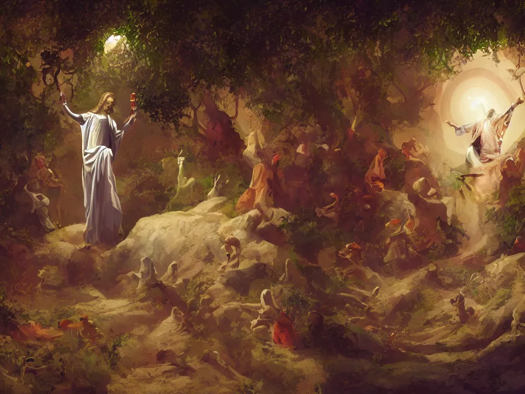 Image similar to the agony in the garden, Jesus on the left, a serpent nearby, and an angel holding a chalice, by goro fujita, trending on artstation, 8k, highly detailed, digital graphic art