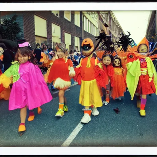 Prompt: a vivid, colorful polaroid photograph of kids in Halloween costumes marching in a parade