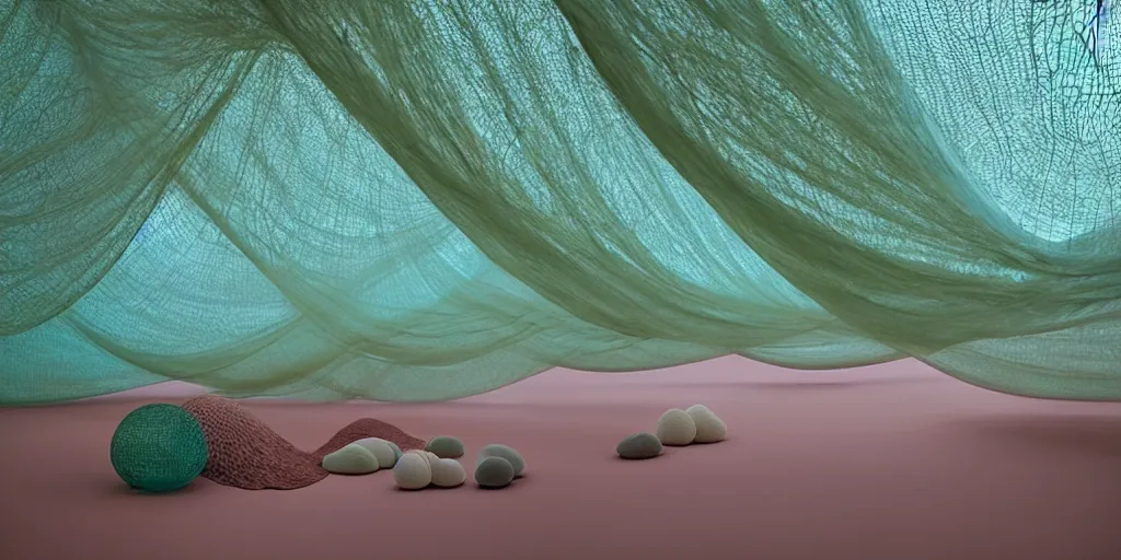 Image similar to soft biomorphic structures out of stocking - like material and nets that fills with various objects like spices, sand and shells by ernesto neto, dusty pink with light - mint color, film still from the movie directed by denis villeneuve with art direction by zdzisław beksinski, telephoto lens, shallow depth of field