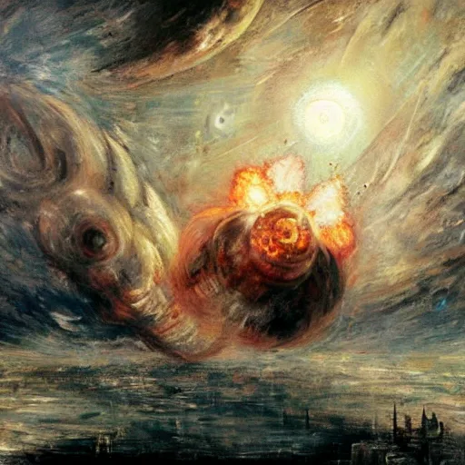 Prompt: a painting of a giant starship crashing into a futuristic city in the style of John constable