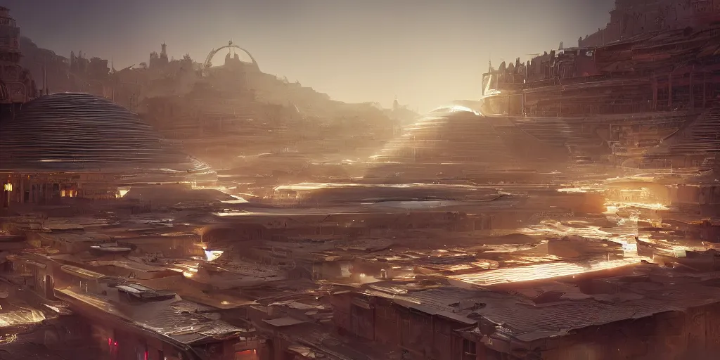 Image similar to Futuristic marrakech , beautiful dynamic lighting, cinematic, wide angle establishing shot, extremely high detail, photo realistic, cinematic lighting, post processed, concept art, artstation, matte painting, style by eddie mendoza, raphael lacoste, alex ross, volumetric lighting, light rays, photorealistic, ultrarealistic, moody, coronarender, 8k